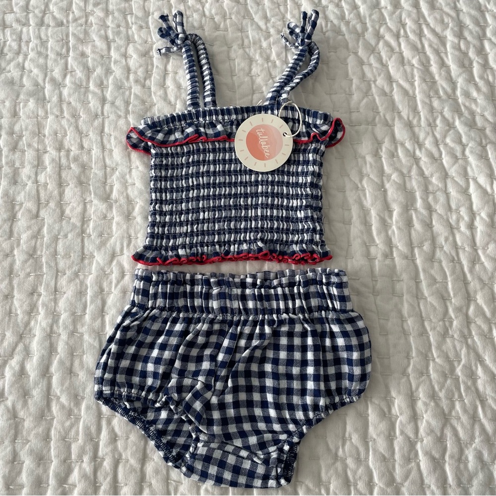 NWT Angel Dear/Tullabee Cotton Muslin Gingham Smocked Top & Bloomer Set 6-12M